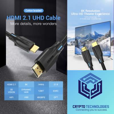 Cotton Braided 8K HDMI 2.1 UHD Cable - Color Black - All Informatics Products