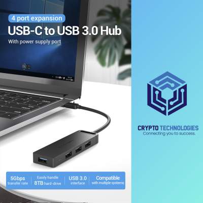 Type-C to 4-Port USB 3.0 Hub with Power Supply Black 0.15M ABS Type - All Informatics Products