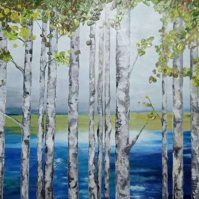 Trees and Blue Lake view - Paintings