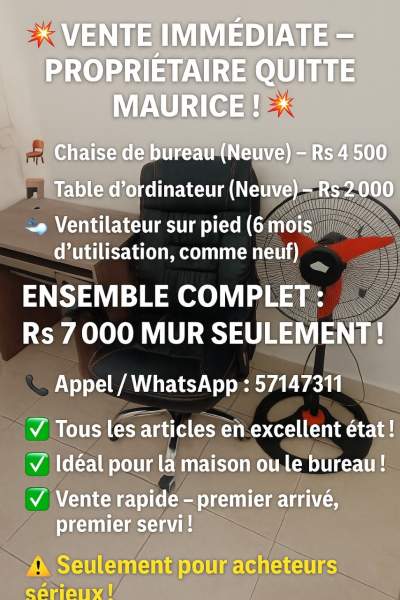 Ensemble mobilier de bureau (Table, Chaise & Ventilateur) - Desks