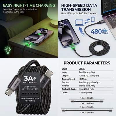 ZLRXL Premium Braided 3A Type-C Cable with Data Sync - All Informatics Products