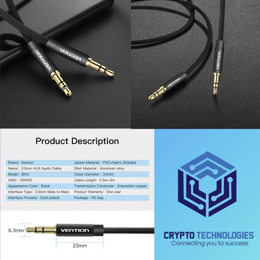 Fabric Braided 3.5mm Male to Male Audio Jack Cable Jack Black Metal Ty - 5 - All Informatics Products  on Aster Vender