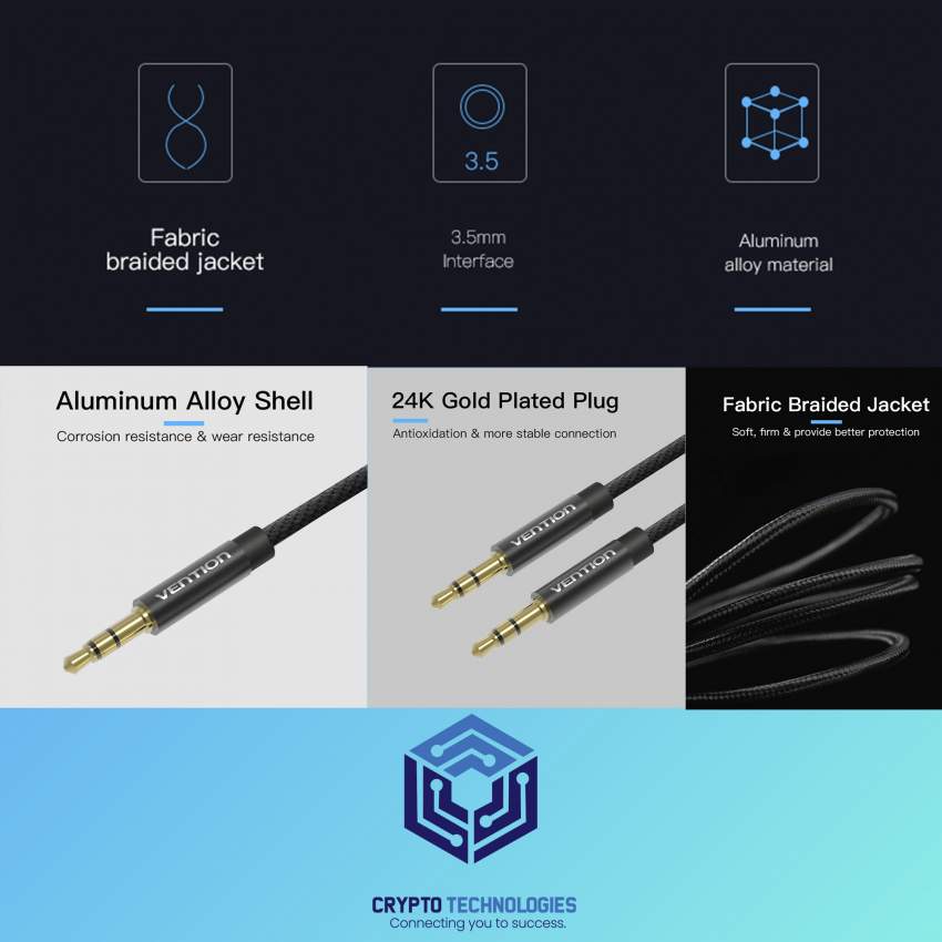 Fabric Braided 3.5mm Male to Male Audio Jack Cable Jack Black Metal Ty - 2 - All Informatics Products  on Aster Vender