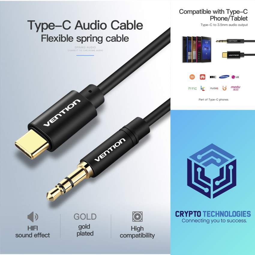 USB - Type-C to 3.5mm Male Spring Audio Cable 1M Black Metal Type - 0 - All Informatics Products  on Aster Vender