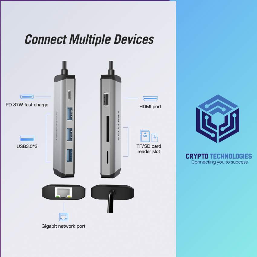 USB Type-C to HDMI/USB3.0*3/ RJ45/ TF/SD/PD Converter 0.15M Gray Metal - 2 - All Informatics Products  on Aster Vender