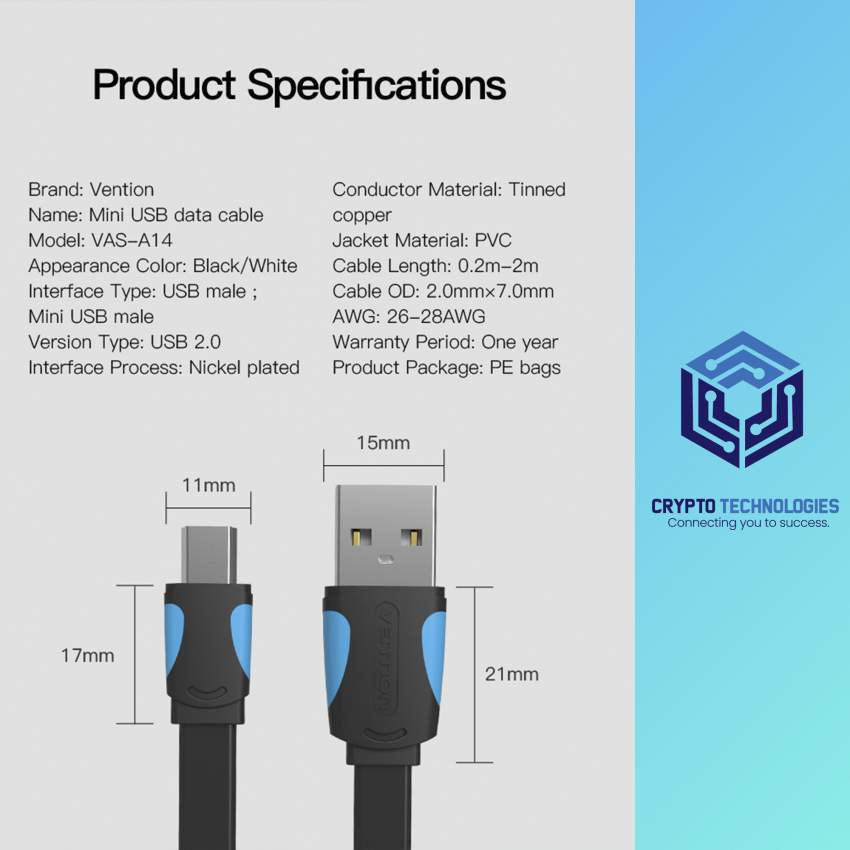 USB2.0 A Male to Mini 5 Pin Male Cable - Black - 7 - All Informatics Products  on Aster Vender
