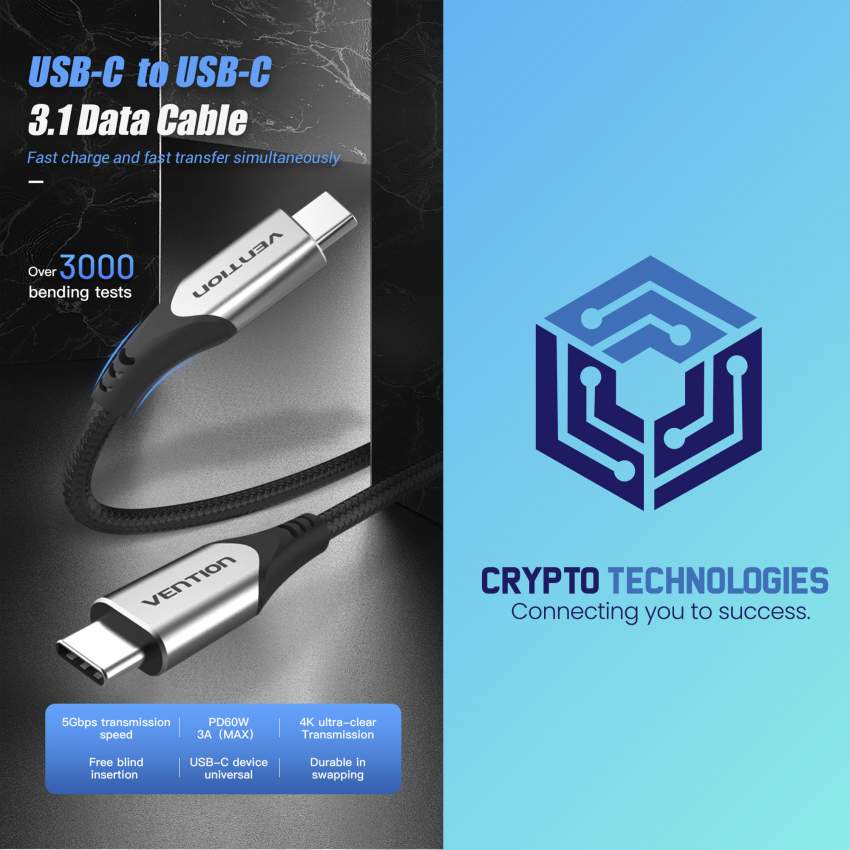 Nylon Braided USB-C to USB-C Charger Cable (4K PD 60W 5Gbps 3A) Gray 1 - 0 - All Informatics Products  on Aster Vender