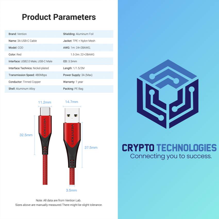 USB-C to USB 2.0-A Male Charger Cable (3A) Red 1M Aluminum Alloy Type - 5 - All Informatics Products  on Aster Vender