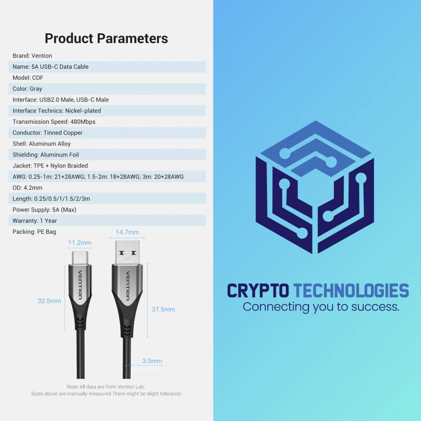 USB-C to USB 2.0-A Male 5A Fast Charger Cable Gray - Aluminum Alloy Ty - 6 - All Informatics Products  on Aster Vender