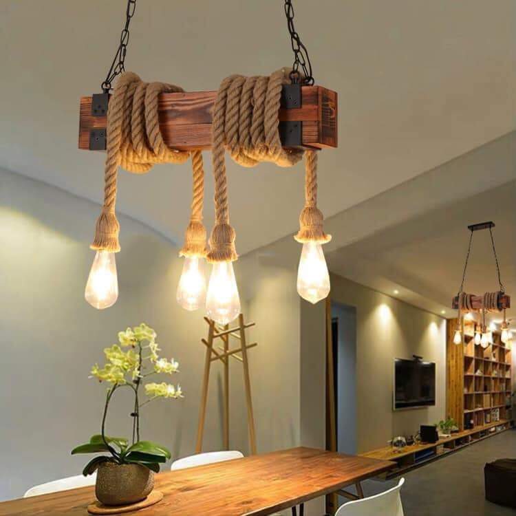 Ceiling Lights - Rectangle solid wood * 4 rope on Aster Vender