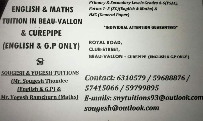 English/GP/Maths TUITION in Beau vallon & Curepipe on Aster Vender