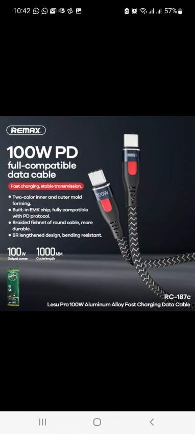 Remax Type C to Lighthing Braided  Data Cable 1  Meter Black 20 W - 3 - Other phone accessories  on Aster Vender