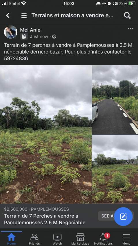 Terrain de 7 Perches en vente à Pamplemousses derrière bazar on Aster Vender