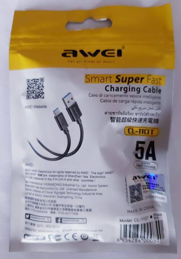 AWEI Charger Cable USB Type C - 0 - Android Phones  on Aster Vender