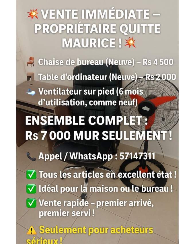 Ensemble mobilier de bureau (Table, Chaise & Ventilateur) - 1 - Desks  on Aster Vender