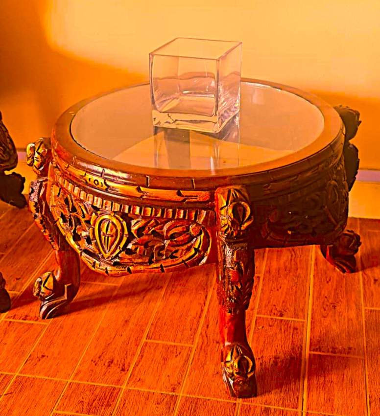 2 ANTIQUE CARVED CHAIRS & 1 GLASS TOP CENTER TABLE - 0 - Living room sets  on Aster Vender