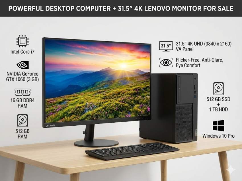 Powerful Desktop Computer with 31.5” 4K Lenovo Monitor - 4 - PC (Personal Computer)  on Aster Vender