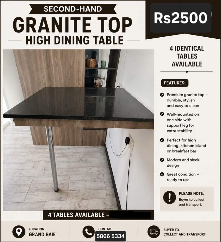 GRANITE-TOP HIGH TABLE & TEAK WORLD HIGH CHAIRS FOR SALE on Aster Vender
