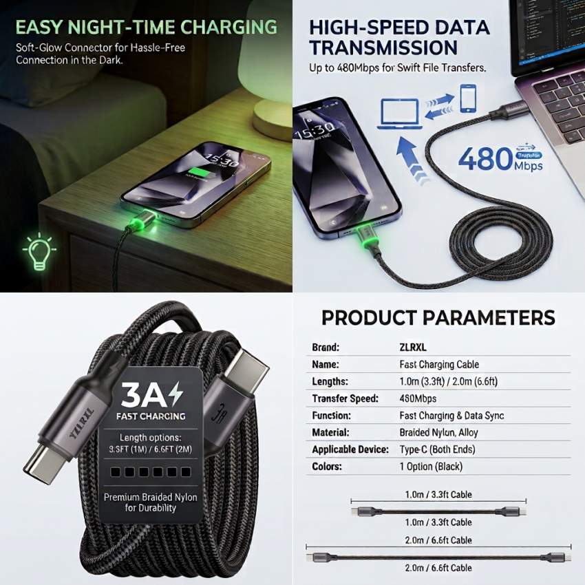 ZLRXL Premium Braided 3A Type-C Cable with Data Sync