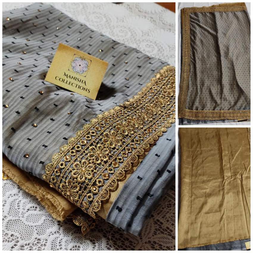 Designer saree with contrasting blouse(Grey/Gold)  - 0 - Saree  on Aster Vender