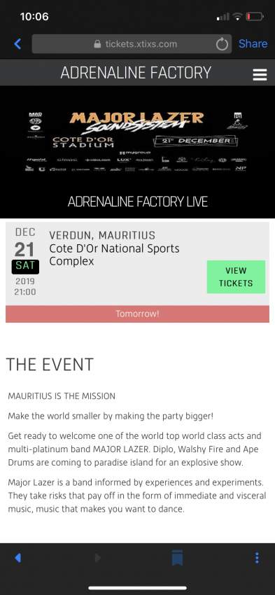 Major lazer vip ticket on Aster Vender